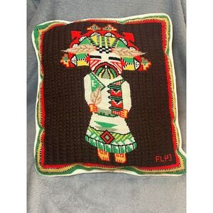 Vintage Handmade Needlepoint Kachina Dancer Pillow Southwestern Folk Art Signed